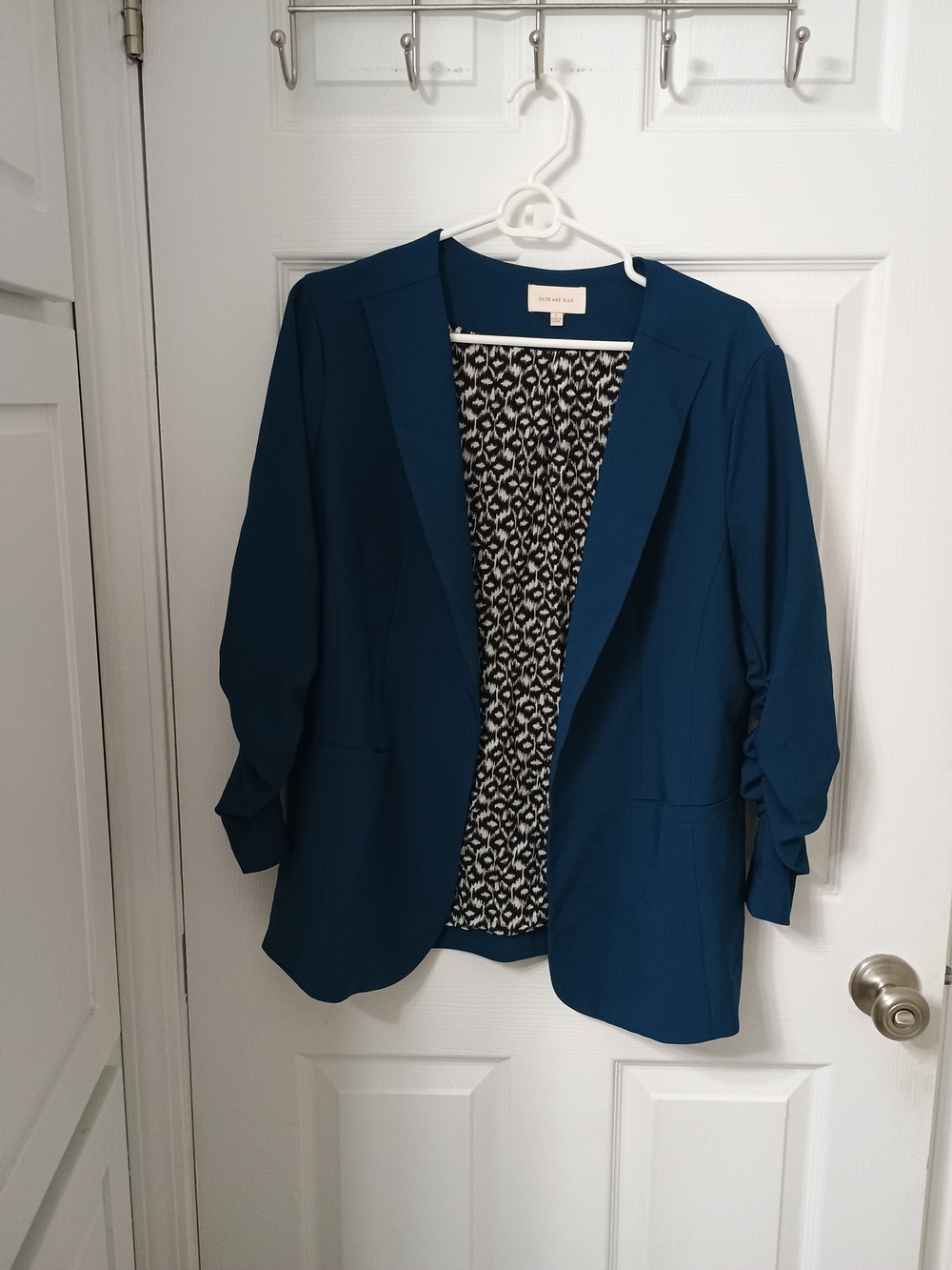 Skies Are Blue Teal Open-Front Blazer with Patterned Lining